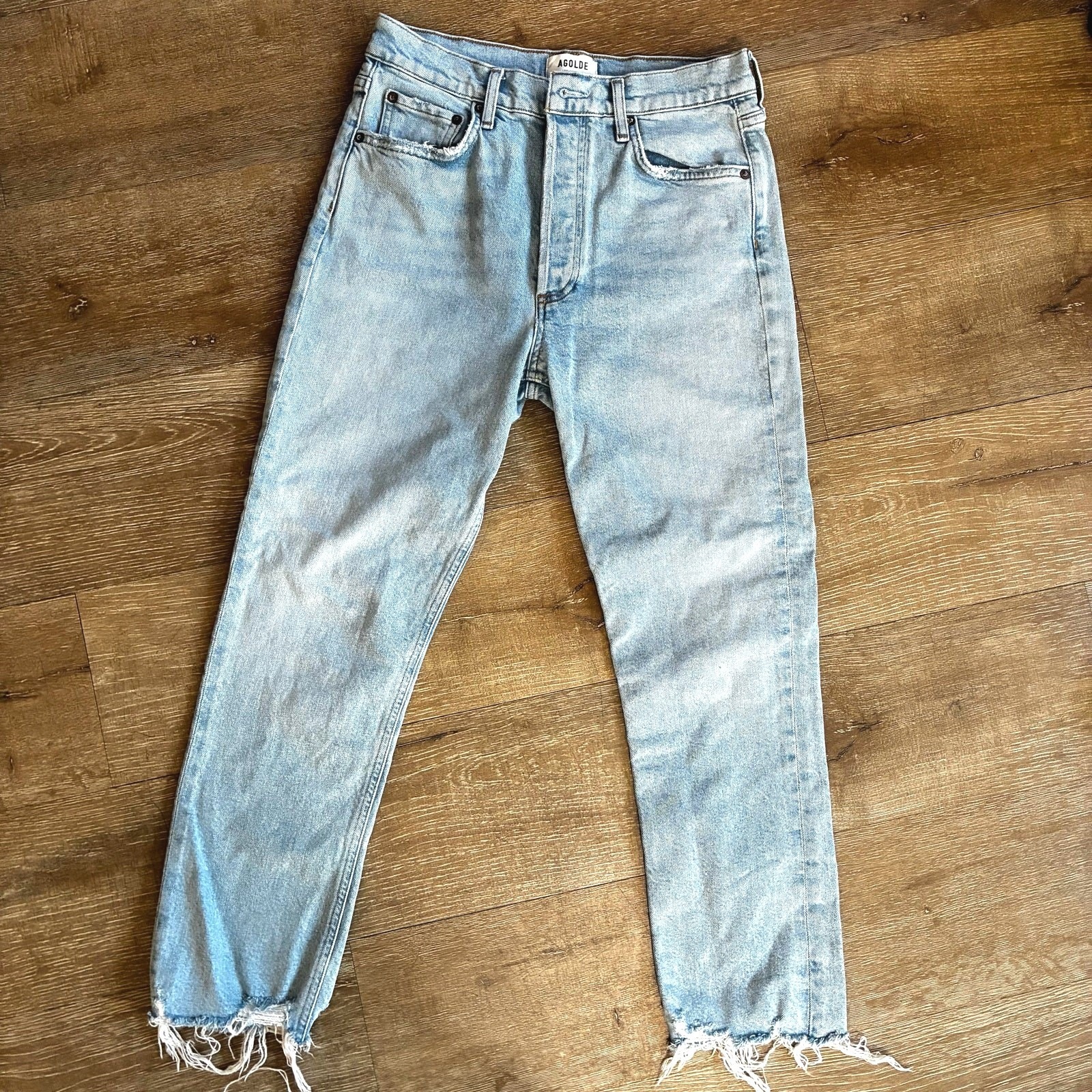Agolde High Rise Cropped Jeans Frayed Light-Wash Straight Leg Grunge Womens 28